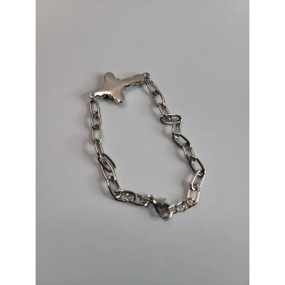 Silver Tone Blue Bracelet Cabochon Cross Bracelet Paperclip Chain Western Boho